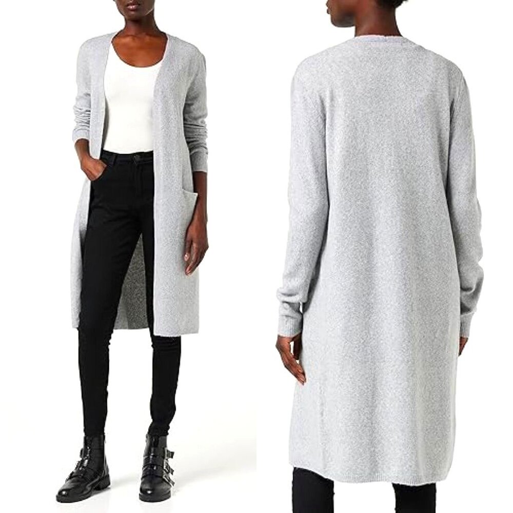New VERO MODA Doffy Open-front Long Cardigan Sweater Duster Pockets Lt Grey SM